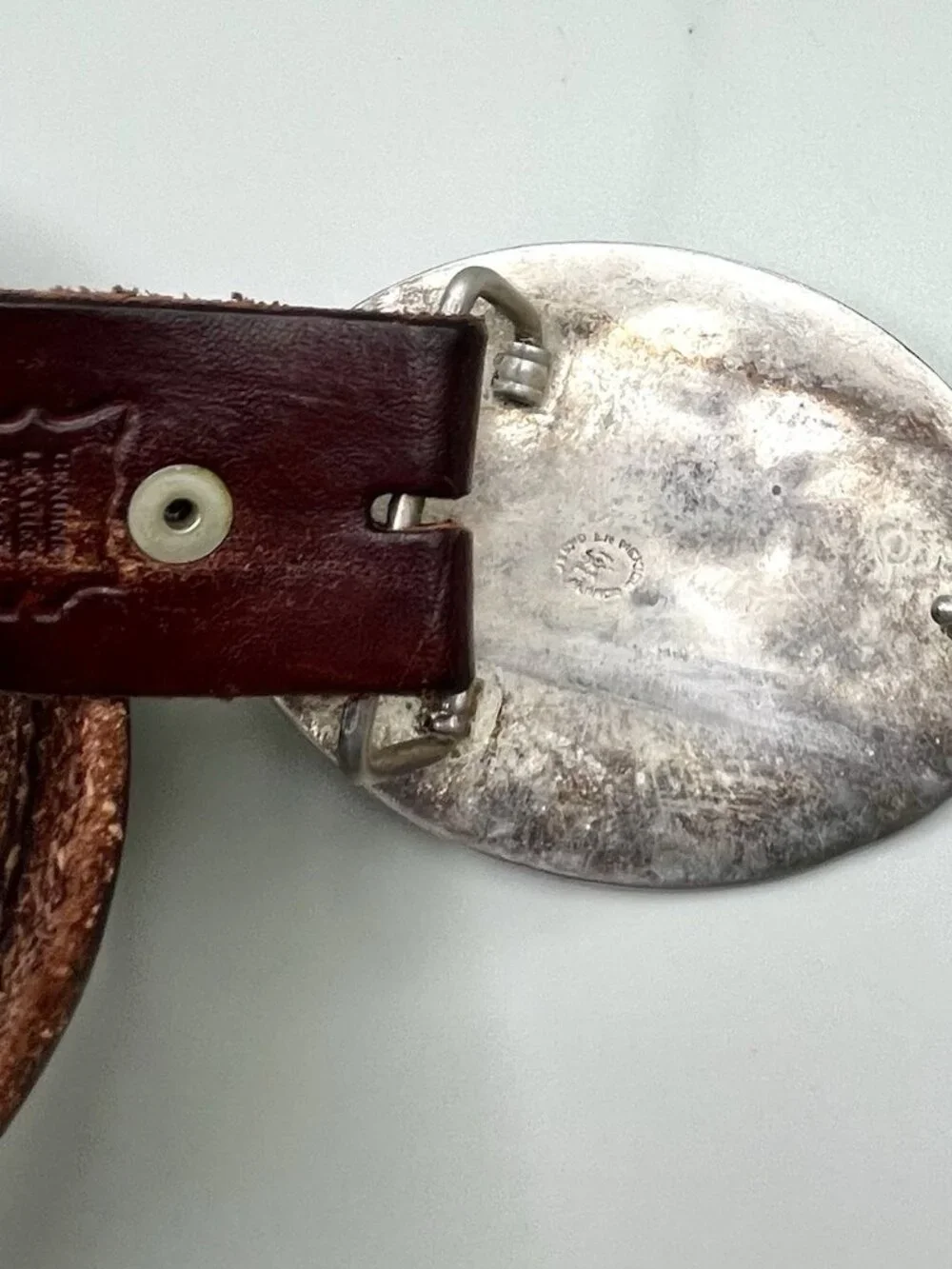 VTG Mexican Alpaca Silver Kokopelli Abalone Tooled Leather Belt Western 34”